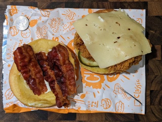 Popeyes Classic Bacon & Cheese Chicken Sandwich open top-down view.